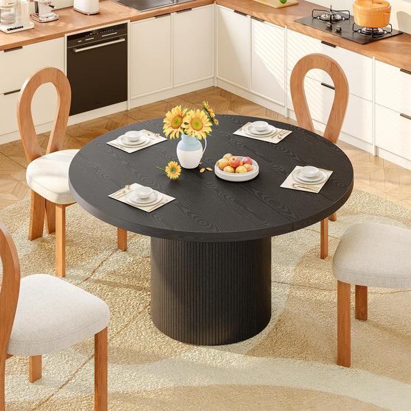 Lefurture 47 Inch Round Dining Table for 4-6, Fluted Kitchen Table with Wood Strip Base, Mid Century Modern Circle Dinner Tables for Dining Room, Kitchen, Black