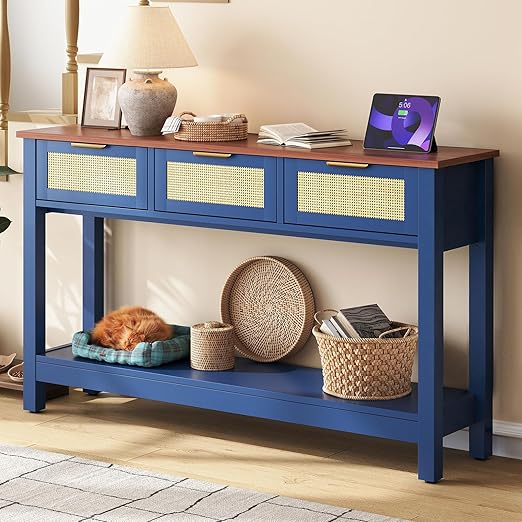 47" Rattan Console Table with 3 Drawers & Storage Shelf