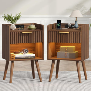 Nightstand Set of 2 with Charging Station, Drawer & RGB LED – Walnut