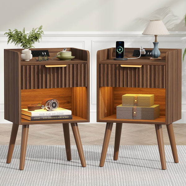 Nightstand Set of 2 with Charging Station, Drawer & RGB LED – Walnut