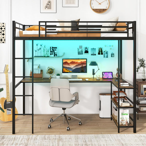 Twin Size Metal Loft Bed with Desk, LED Lights & Charging Station