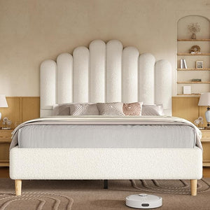 White Boucle Upholstered Bed Frame with 57" Headboard