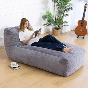 Giant Memory Foam Bean Bag Lounger Chair with Faux Fur & Side Pockets