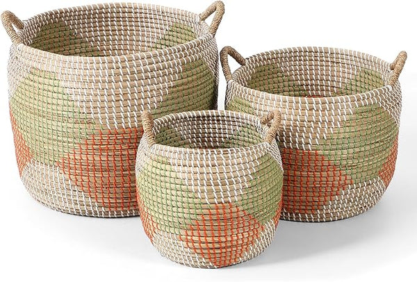 Seagrass Storage Basket Set of 4 – 2 Round & 2 Square Woven Bins with Handles