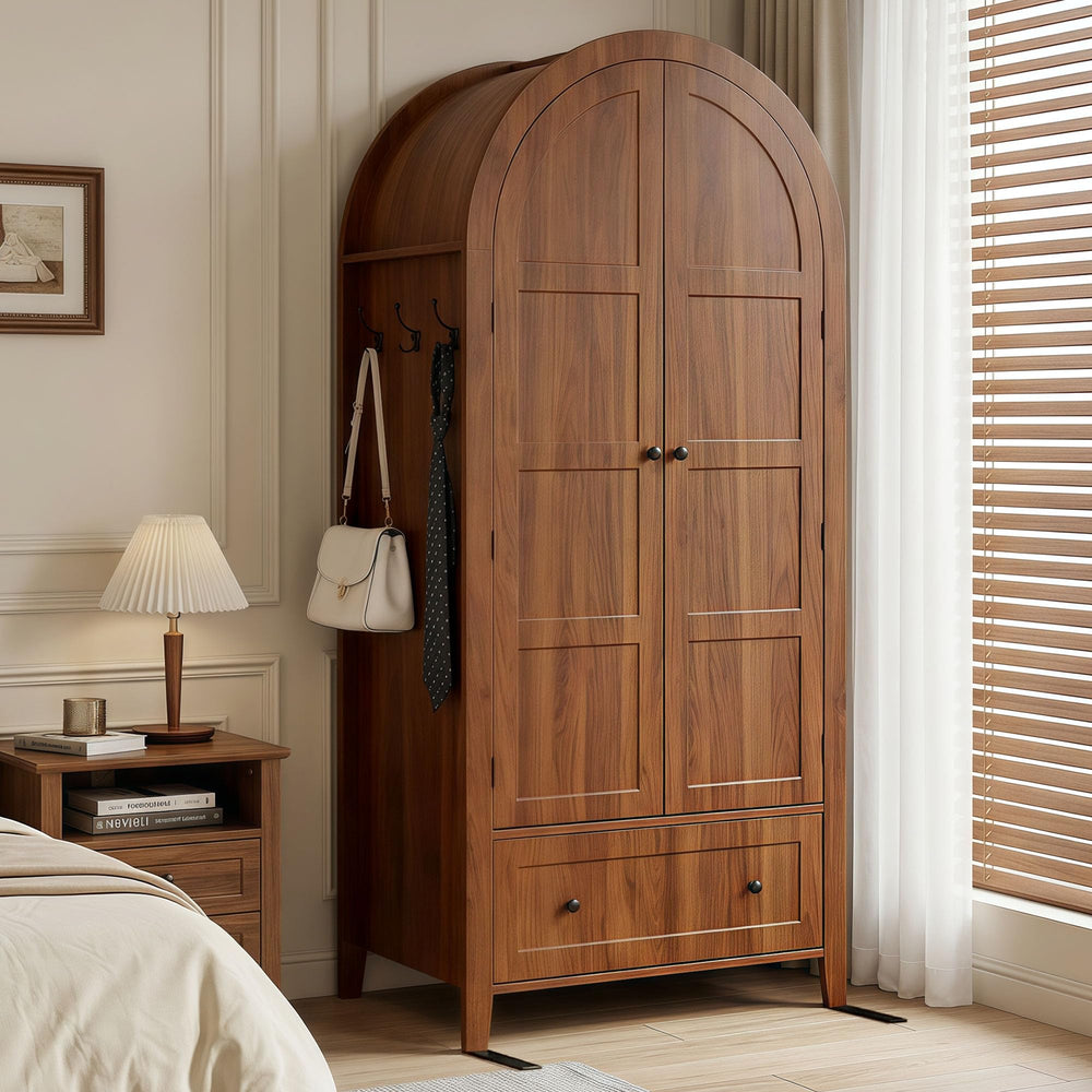 Armoire Wardrobe Closet with Drawer & Arched Doors — Walnut