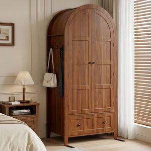 Armoire Wardrobe Closet with Drawer & Arched Doors — Walnut