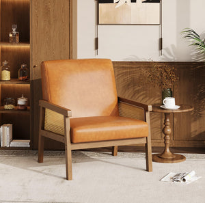 Rattan Arm Accent Chair, High Back PU Leather, Wooden Frame