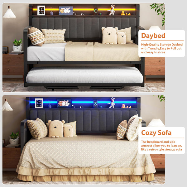 Metal Daybed with Trundle, LED Headboard & Charging Station