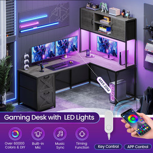 L-Shaped Gaming & Office Desk with LED Lights, Power Outlet, Hutch & Fabric Drawers