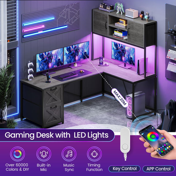 L-Shaped Gaming & Office Desk with LED Lights, Power Outlet, Hutch & Fabric Drawers