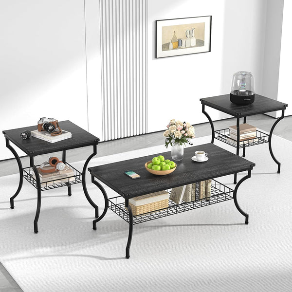 3-Piece Coffee and End Table Set with Storage Shelves