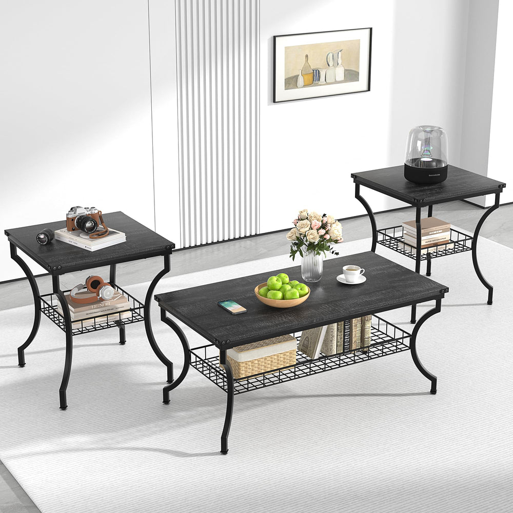 3-Piece Living Room Coffee Table Set with Storage Shelves