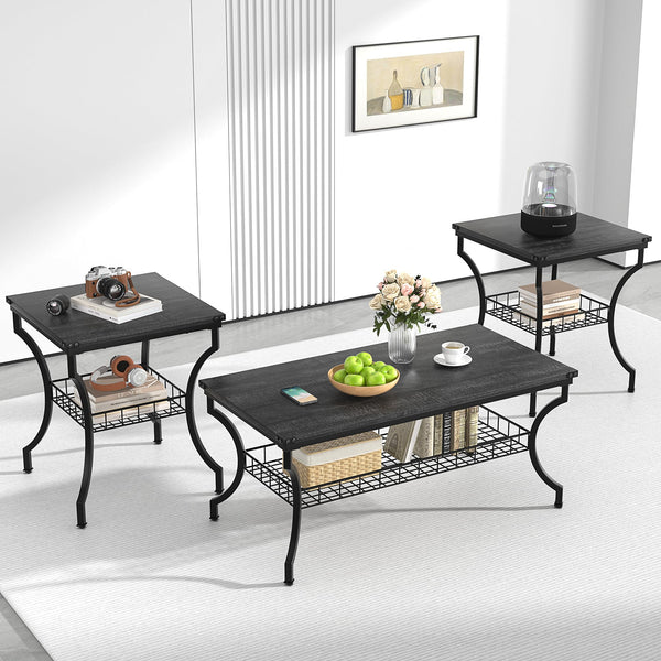 3-Piece Living Room Coffee Table Set with Storage Shelves