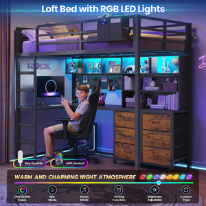 Twin Loft Bed with Desk, Storage & LED Lights