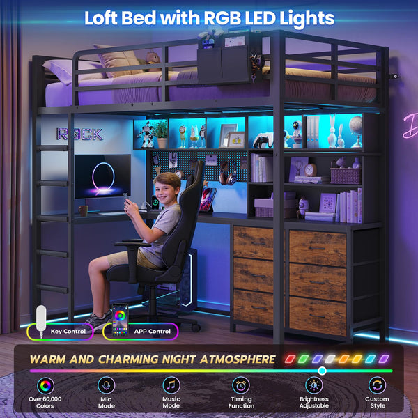 Twin Loft Bed with Desk, Storage & LED Lights