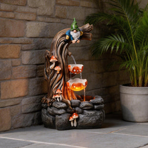Gnome Outdoor Water Fountain with LED & Cascading Mushroom Waterfall
