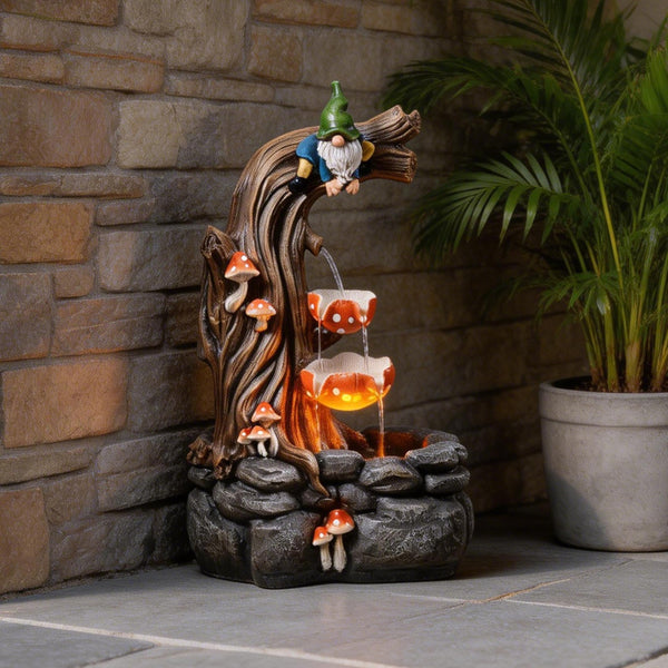 Gnome Outdoor Water Fountain with LED & Cascading Mushroom Waterfall