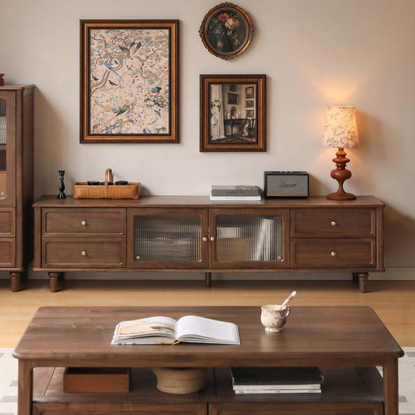 Solid Walnut Wood TV Stand – Mid-Century Modern Media Console with Storage