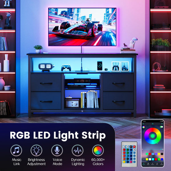 Black TV Stand with LED Lights and Power Outlets for 55 Inch TVs