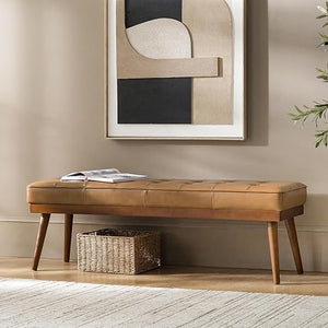55.5" Button-Tufted Genuine Leather Entryway Bench
