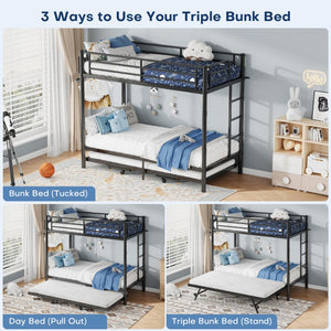 Triple Bunk Bed with Trundle – Twin Over Twin Metal Frame for Kids & Teens