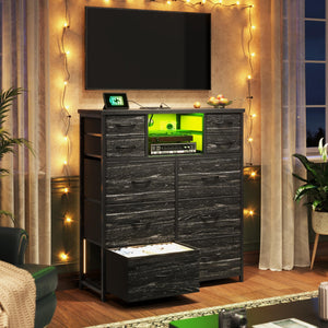 10-Drawer Dresser with LED Lights & Power Outlets – Fabric Chest of Drawers