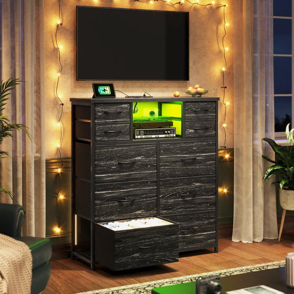 10-Drawer Dresser with LED Lights & Power Outlets – Fabric Chest of Drawers