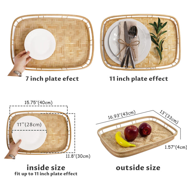 Bamboo Wicker Serving Trays Set of 6 – Rectangular Breakfast & Coffee Table Trays