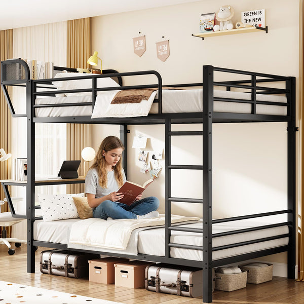 Twin Over Twin Metal Bunk Bed with Desk & Charging Station