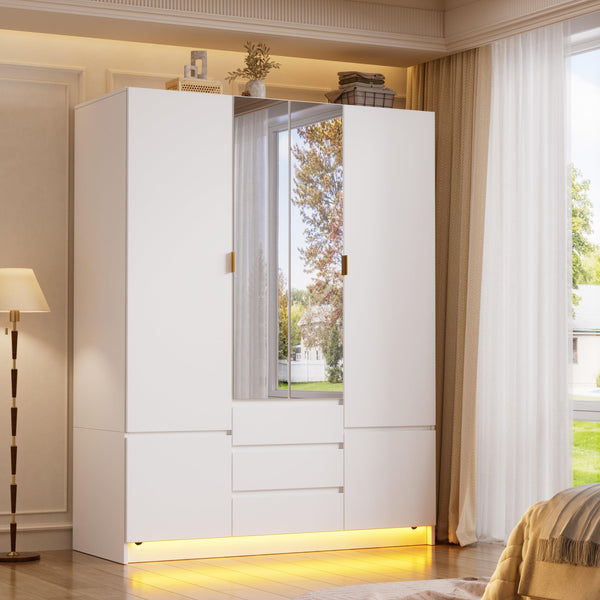 4-Door Armoire Wardrobe with LED Light & Mirror