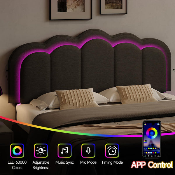 Upholstered Wavy Headboard Full/Queen with USB, RGB LED & Adjustable Height