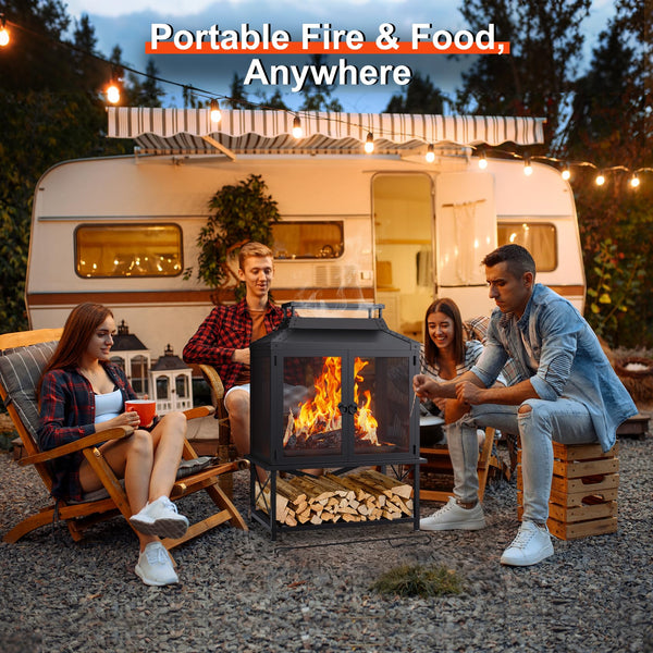 Square Chiminea Outdoor Wood Burning Fire Pit with Grill