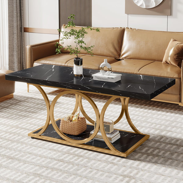 47" 2-Tier Rectangle Coffee Table with Faux Marble Top & Geometric Metal Legs