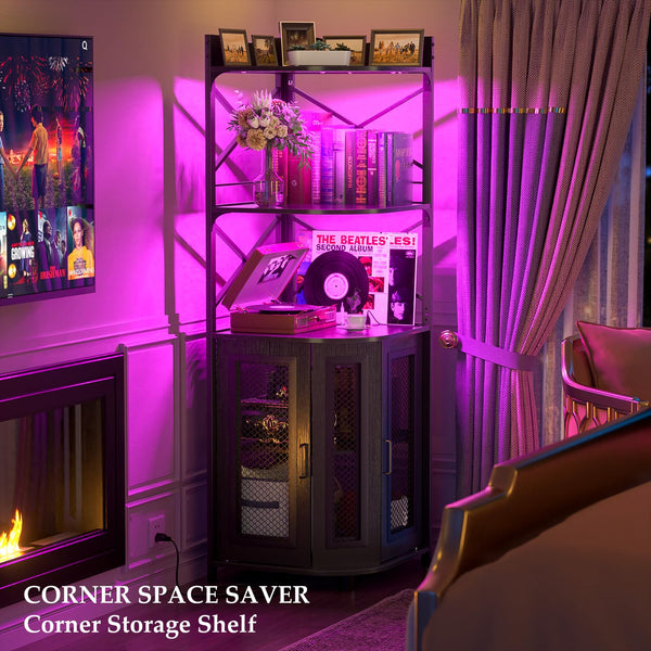 Corner Bar Cabinet with Power Outlet & LED Lights – 5-Tier Wine & Liquor Storage