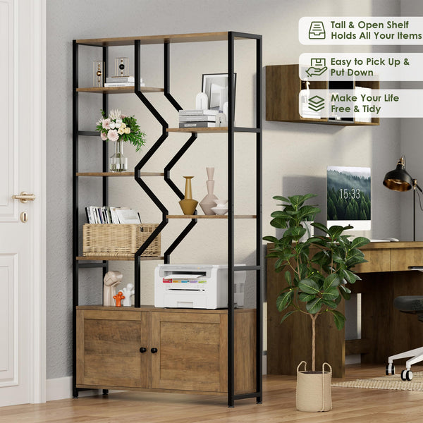 6-Tier Geometric Bookshelf with Storage Cabinet