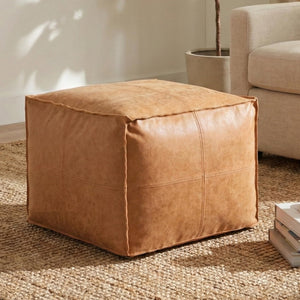 Square Pouf Ottoman – 18" x 14" Vegan Leather, Distressed Brown