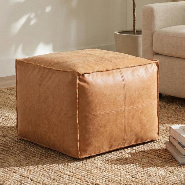 Square Pouf Ottoman – 18" x 14" Vegan Leather, Distressed Brown