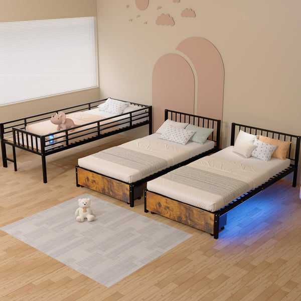 Triple Bunk Bed with Charging Station & LED Lights — Metal, Storage Drawers, Convertible