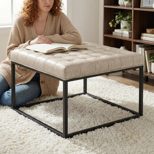 Square Tufted Ottoman with Metal Base