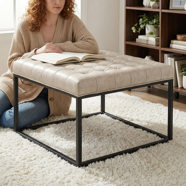 Square Tufted Ottoman with Metal Base