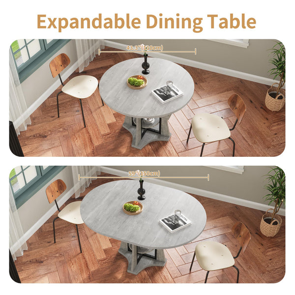 43.3''-59'' Round Extendable Dining Table for 4-6, Modern Kitchen Extendable Dining Room Table with 2-Tier Storage Shelves, Round Oval Dinner Table with Storage for Kitchen Living Room