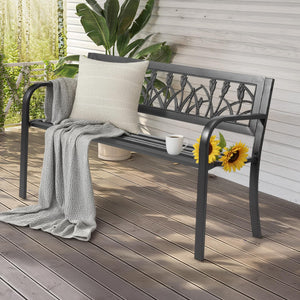 Outdoor Metal Patio Bench with Floral Backrest