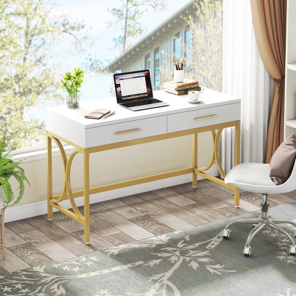 41-Inch Computer Desk with 2 Drawers – White & Gold
