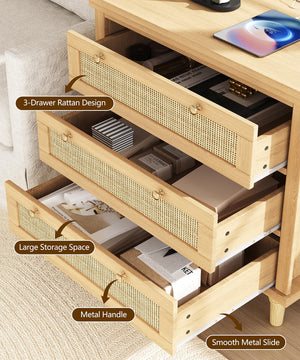 Wide Rattan Nightstand with Charging Station & 3 Drawers