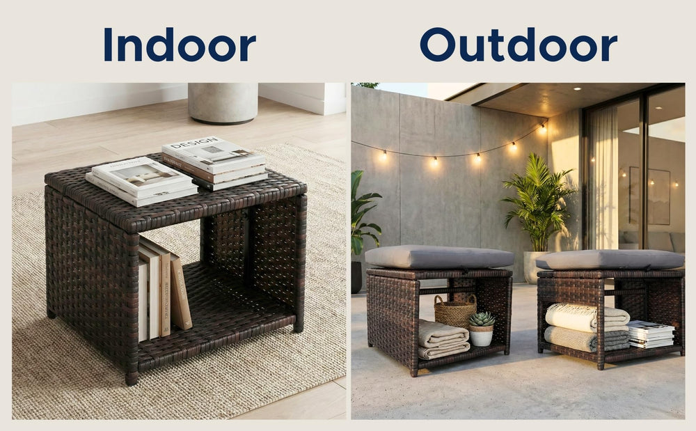 Outdoor Storage Ottoman Set of 2 – All-Weather Wicker with Washable Cushions