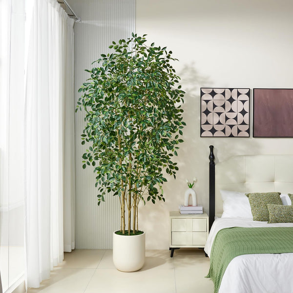 Artificial Ficus Tree – Tall Faux Indoor Floor Plant with White Planter