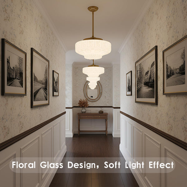 Vintage Milk Glass Pendant Light – White Floral, E26