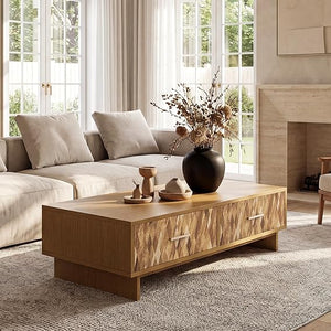 56" Storage Coffee Table with 4 Drawers | Solid Wood, Black Oak
