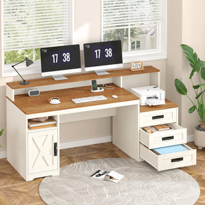 65-Inch Farmhouse Computer Desk with Drawers and Power Outlets
