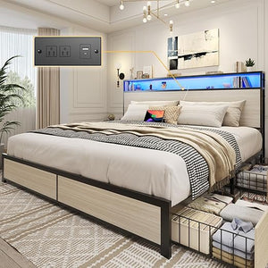 Metal Platform Bed Frame with Storage Headboard, Drawers & LED